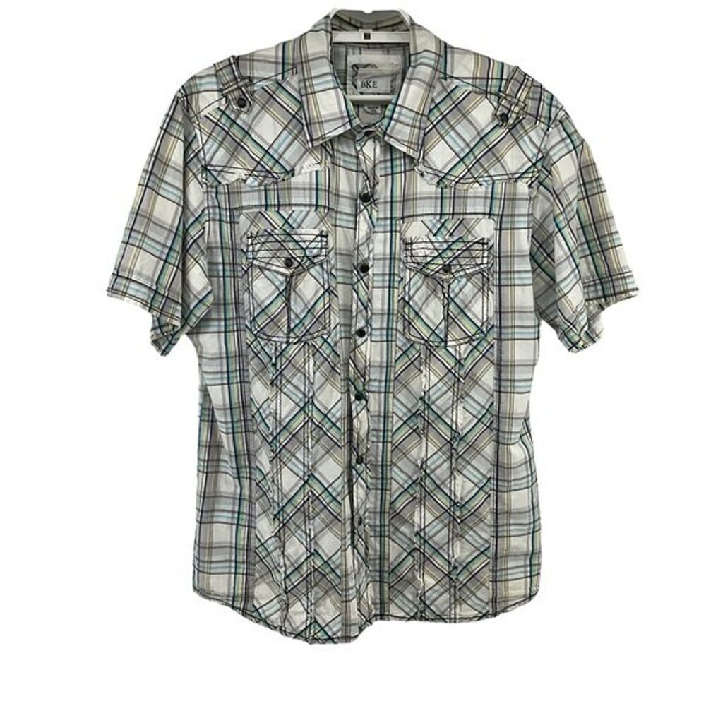 BKE Athletic Fit Mens Large Pearl Snap Shirt Short Sleeve Western Raw‎ Trim
